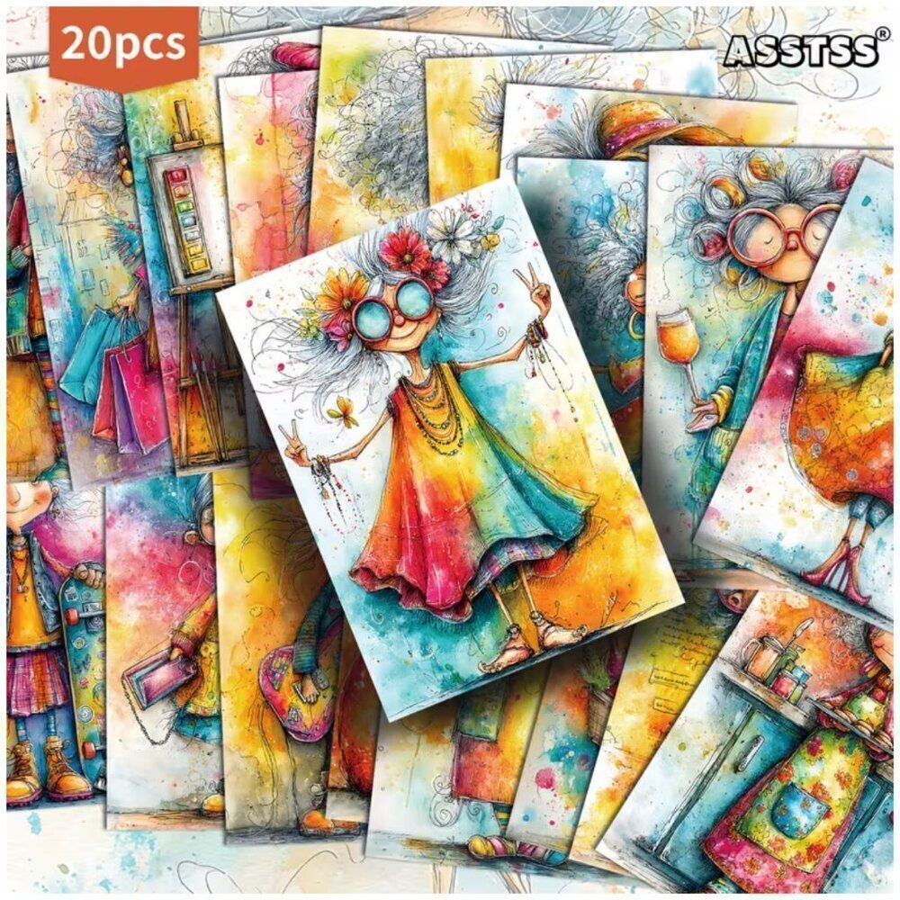 NWT 20pc Quirky Fun Granny Postcard Set Mixed Media Junk Journal Art